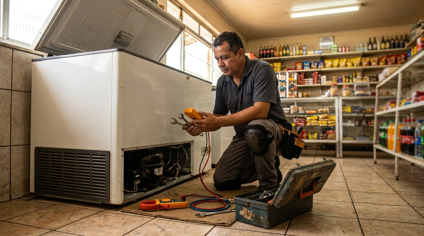 Profissional executando manutenção no motor de freezer em Aracaju‑SE