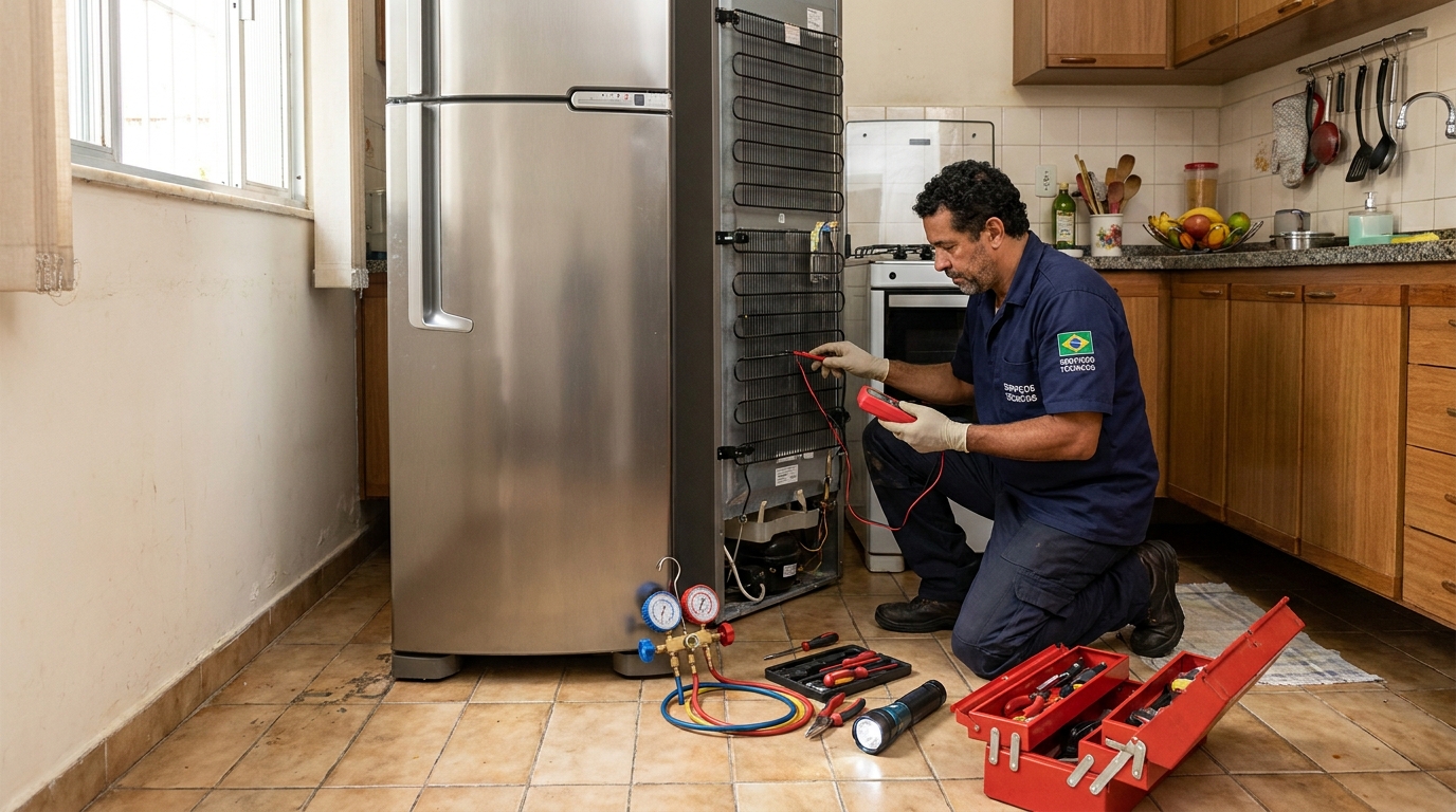 Profissional fazendo manutenção do motor de geladeira em Aracaju‑SE